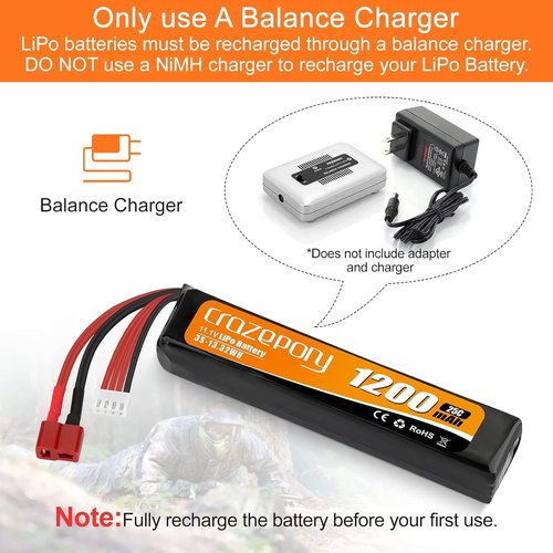 Crazepony 11.1V 1200mAh Airsoft Battery - Rechargeable 3S LiPo 25C with T-Plug & JST XH Connector