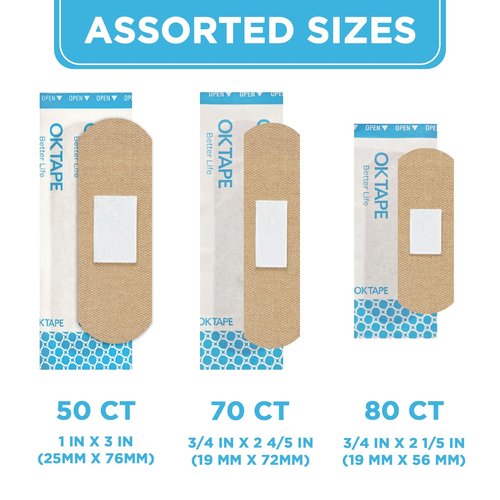 OK TAPE Fabric Adhesive Bandages, 200 Ct, Sterile, Flexible Bandages for Wounds, 3 Sizes, Latex Free, Breathable, Protection for First Aid