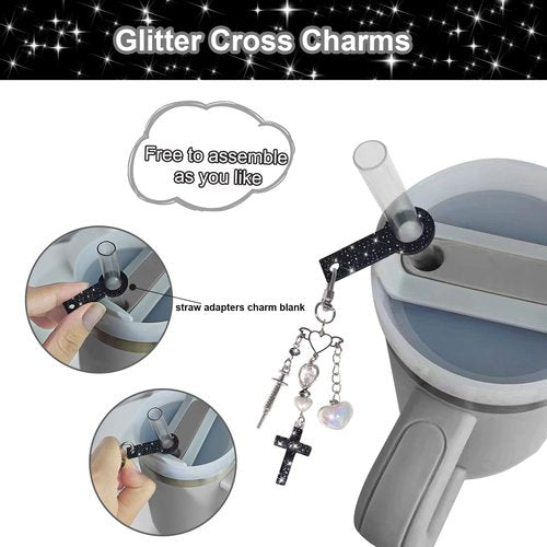 VirgoCCY 5PCS Stanley Cup Accessories Set 30&40 Oz, Includes 1 Glitter Straw Covers, 1 Glitter Handle Strap, 1 Straw Adapters Charm Blank with 1 Cross Charms and 1 Glitter Silicone Boot, Black