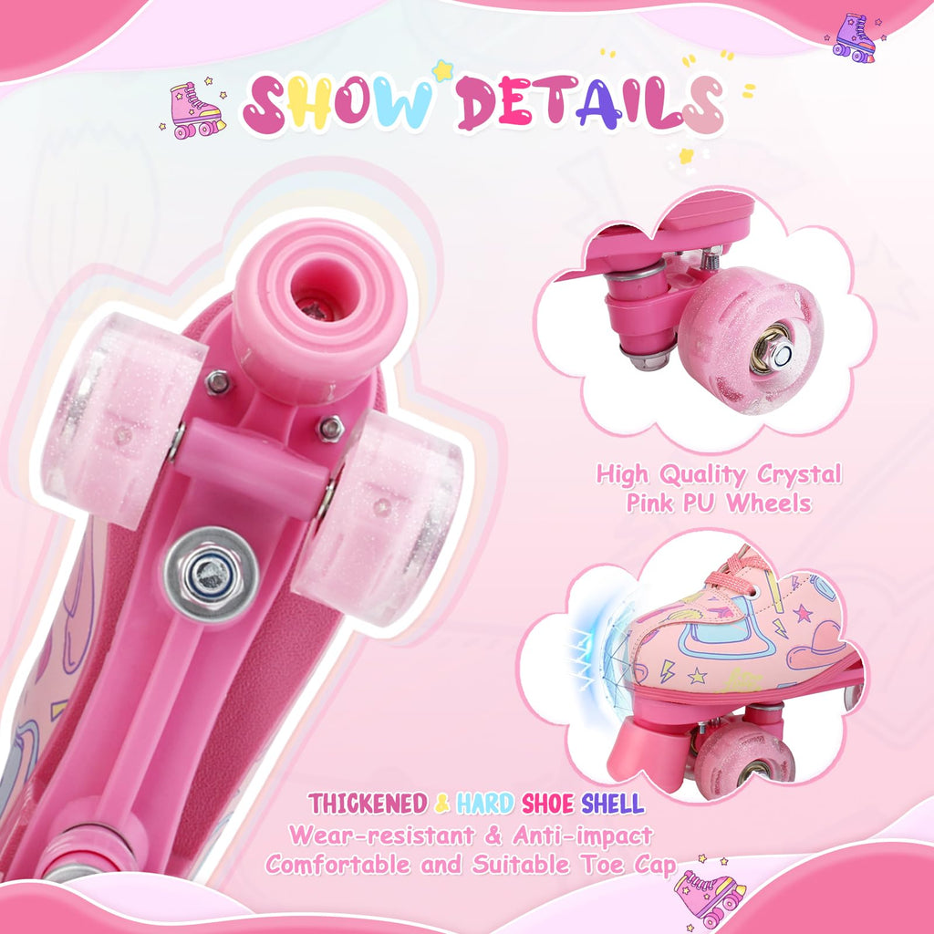 XUDREZ Roller Skates for Girls and Women, Stylish Pattern Pink Roller Skates with Light Up Wheels for Kids Youth Girls Ages 6-12 Indoor Outdoor (Pink,33-Youth 2)