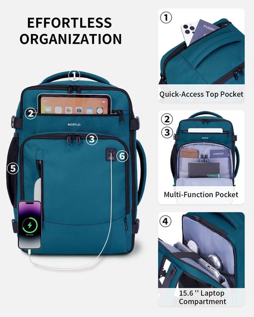 ECOHUB 17" Small Travel Backpack - Water Resistant Rucksack with 16 Pockets | Fits 15.6" Laptop, 25L, Blue Green