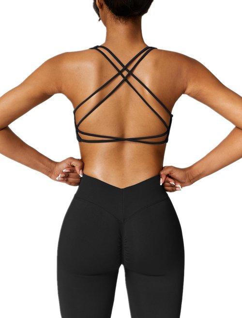 ABOCIW Workout Sets for Women 2 Piece Seamless V Back Scrunch Butt Lifting High Waist Leggings Cross Back Strappy Sports Bra for Women Gym Sets Y- Black Large