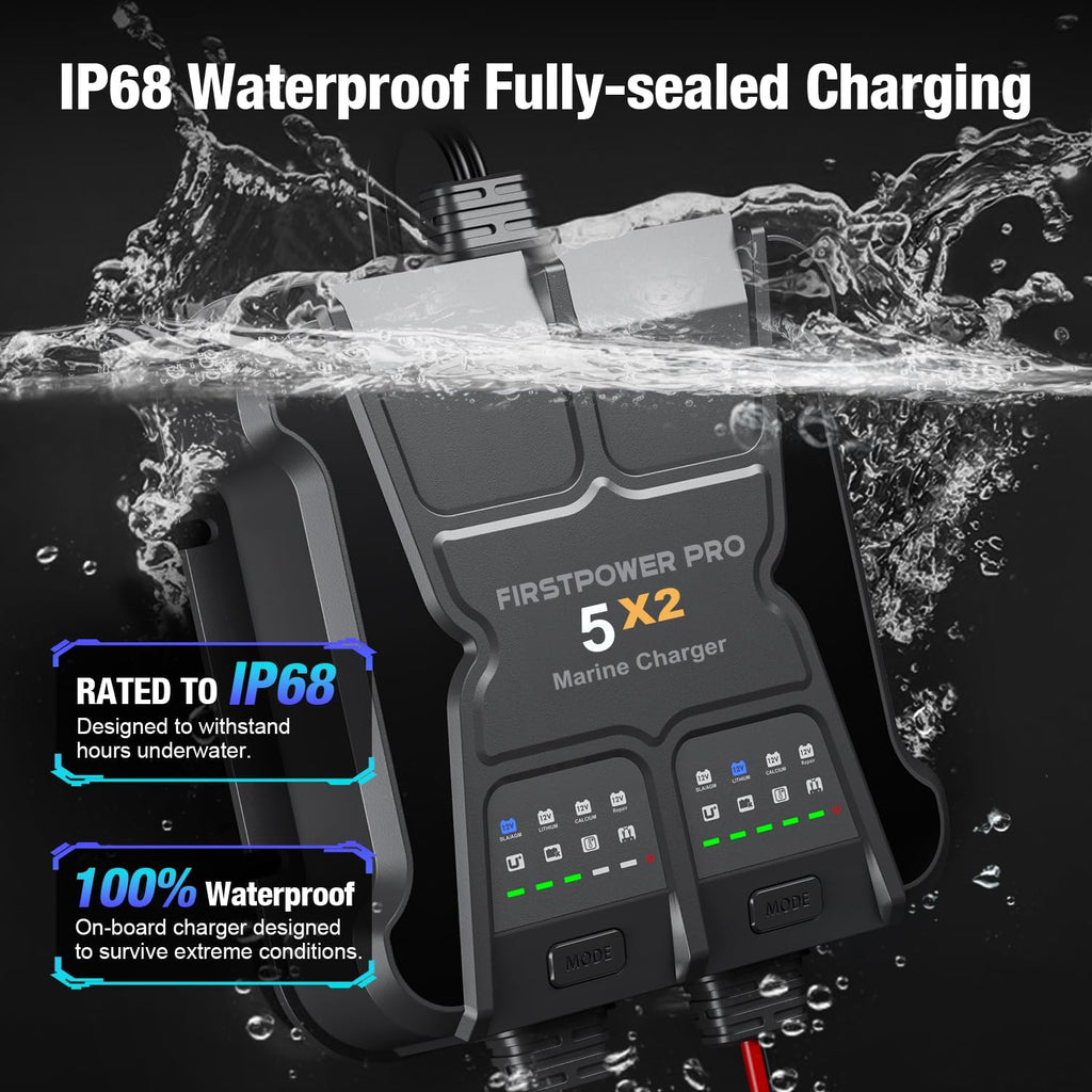 2 Bank Marine Battery Charger - 10A Waterproof Onboard Battery Maintainer & Desulfator for SLA/AGM, Lithium, Calcium & Deep-Cycle Batteries