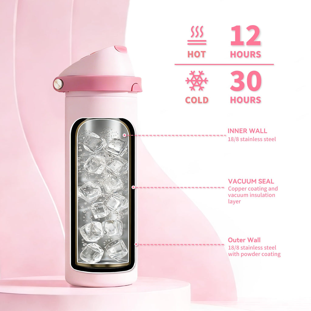 Xtusimple 24 oz Insulated Water Bottle with Straw, Stainless Steel Water Bottle with 2-in-1 Push-Button Spout & Quick-Flip Straw, Fits Car Cupholder, Leakproof, for Gym, Travel, School, Camping, Pink