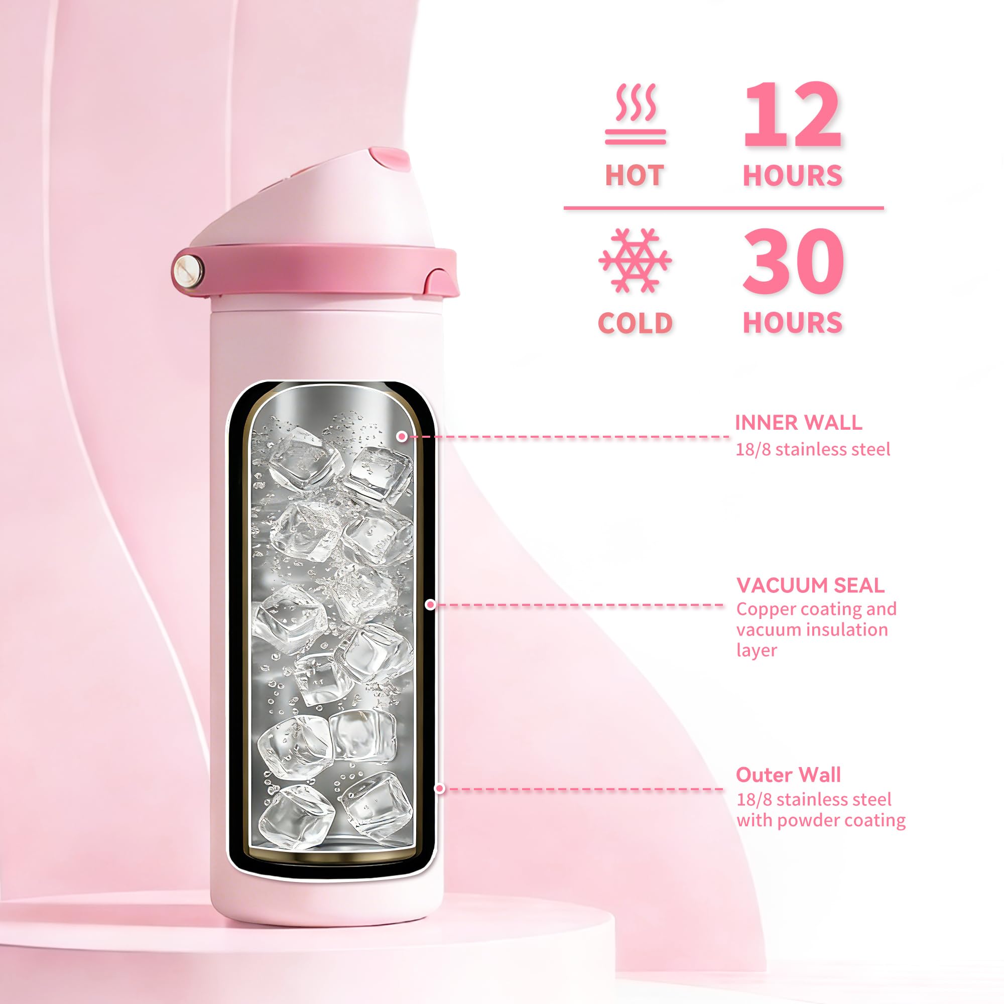 Xtusimple 24 oz Insulated Water Bottle with Straw, Stainless Steel Water Bottle with 2-in-1 Push-Button Spout & Quick-Flip Straw, Fits Car Cupholder, Leakproof, for Gym, Travel, School, Camping, Pink