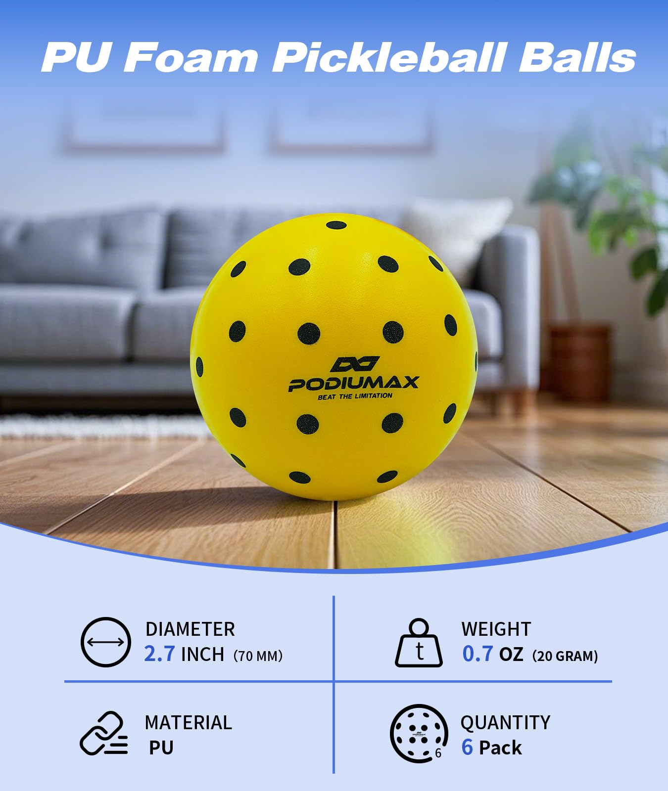 PodiuMax Indoor Pickleball Balls, 6 PCS Quiet Pickleballs, Foam Pickleball for Indoor & Outdoor Practice, Noise Reducing Soft Pickle Balls for All Ground Surfaces