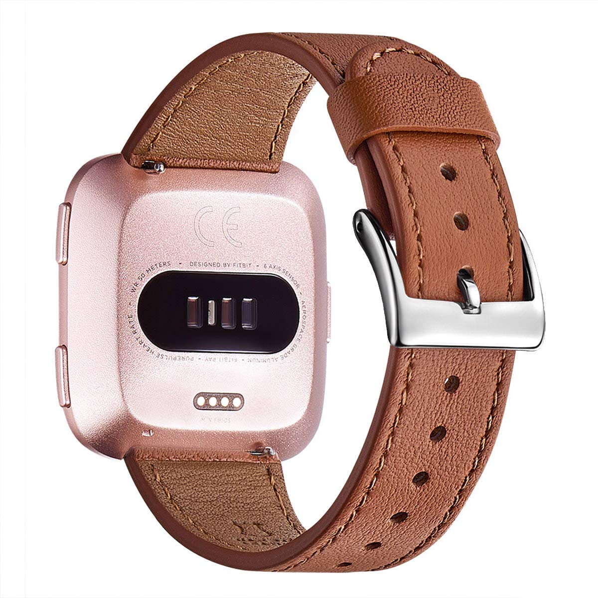 WFEAGL Leather Band for Fitbit Versa - Top Grain Leather Replacement Strap (Brown + Silver Buckle)
