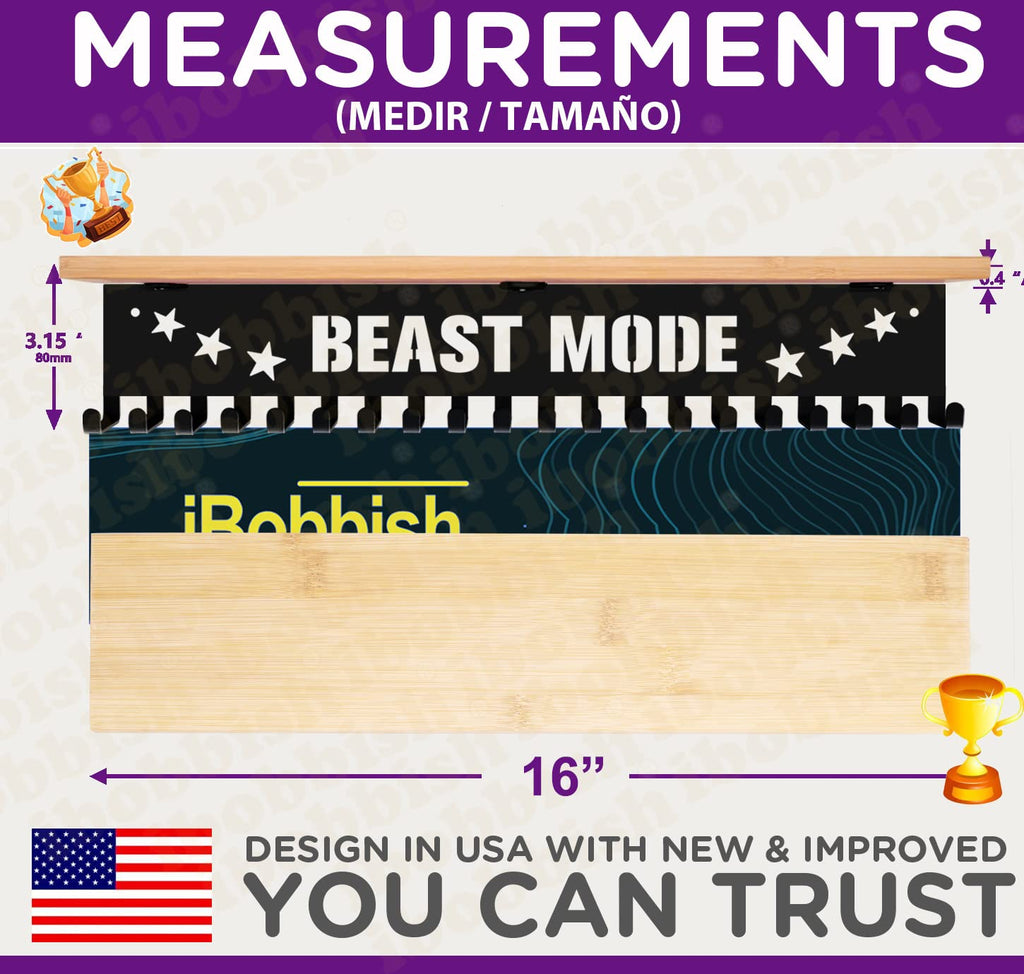 iBobbish Beast Mode Trophy and Medal Hanger Display Shelf,Trophy Medal Hanger Display in Black Metal Wall Mount Over Big Medals Trophy Display Shelf with Gifts Box