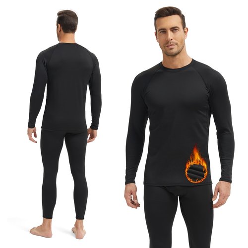 HovSiyla Men's Thermal Underwear Long Johns Fleece Lined Compression Pants Shirts Tops Athletic Base Layer Set Cold Weather Black Medium