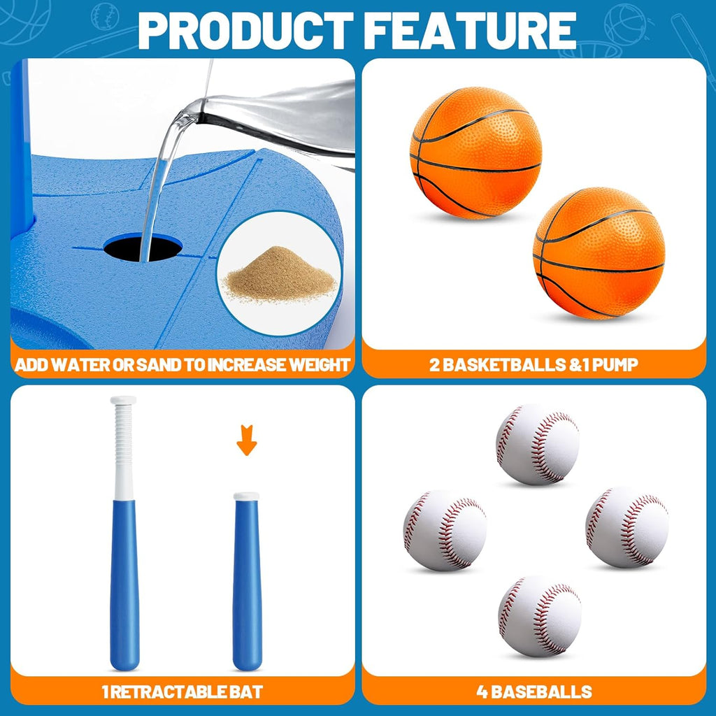 Skiennix 3-in-1 Kids Basketball Hoop & T-Ball Set - Adjustable Height Indoor/Outdoor Sports Toy for Ages 3-5 (Blue)