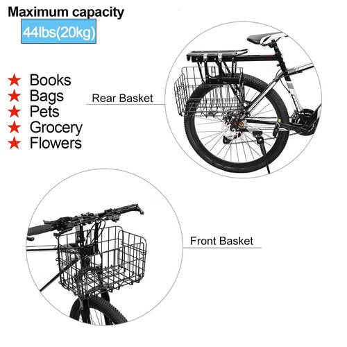 2 Pack Rear Bike Basket Folding Front Bike Basket Rust Proof Wire Mesh Bicycle Basket Mountain Bike Frame Basket Fold-Up Bike Cargo Rack