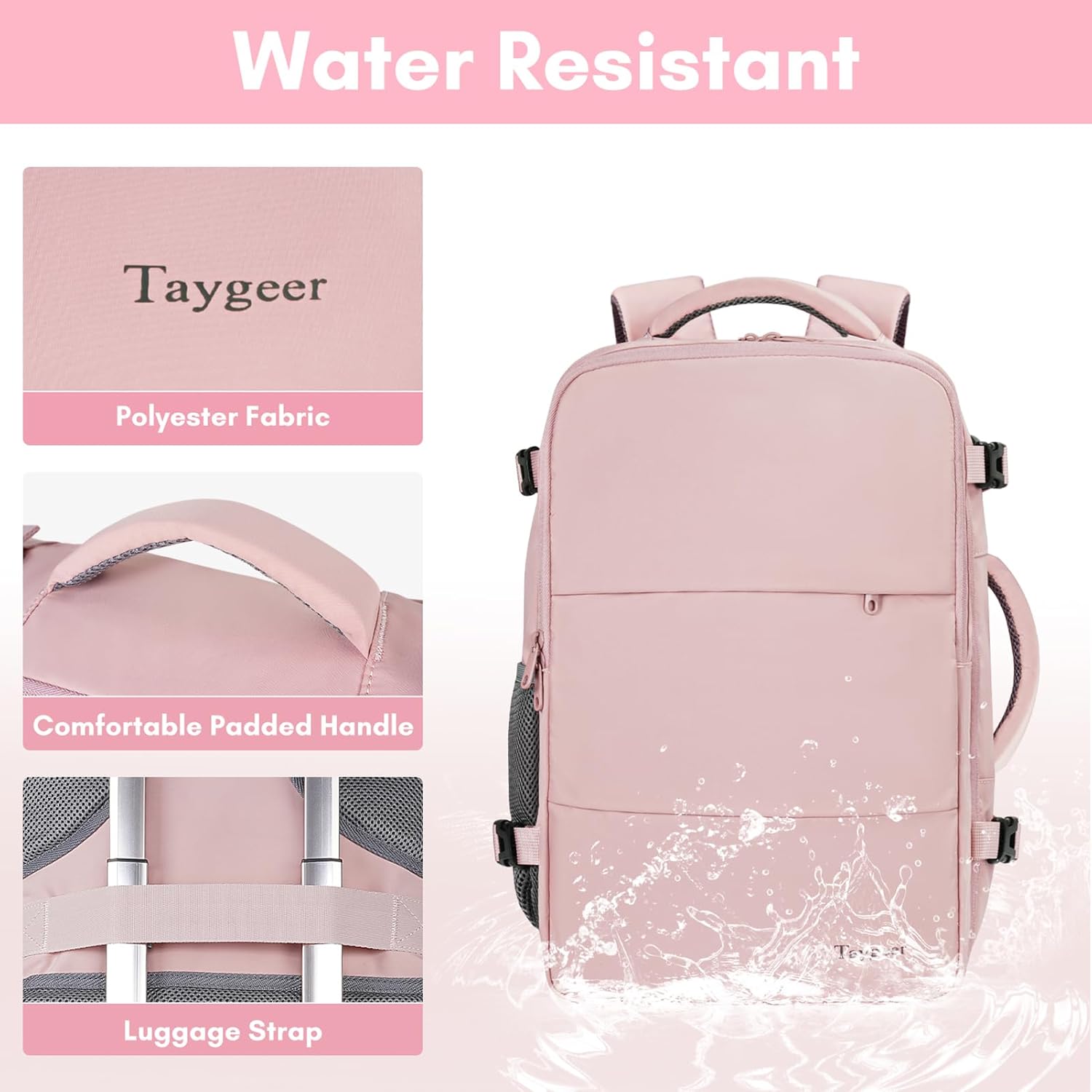 Taygeer Travel Backpack - Women’s Carry-On with Water Bottle Pocket & Shoe Pouch - 15.6" Laptop, Pink