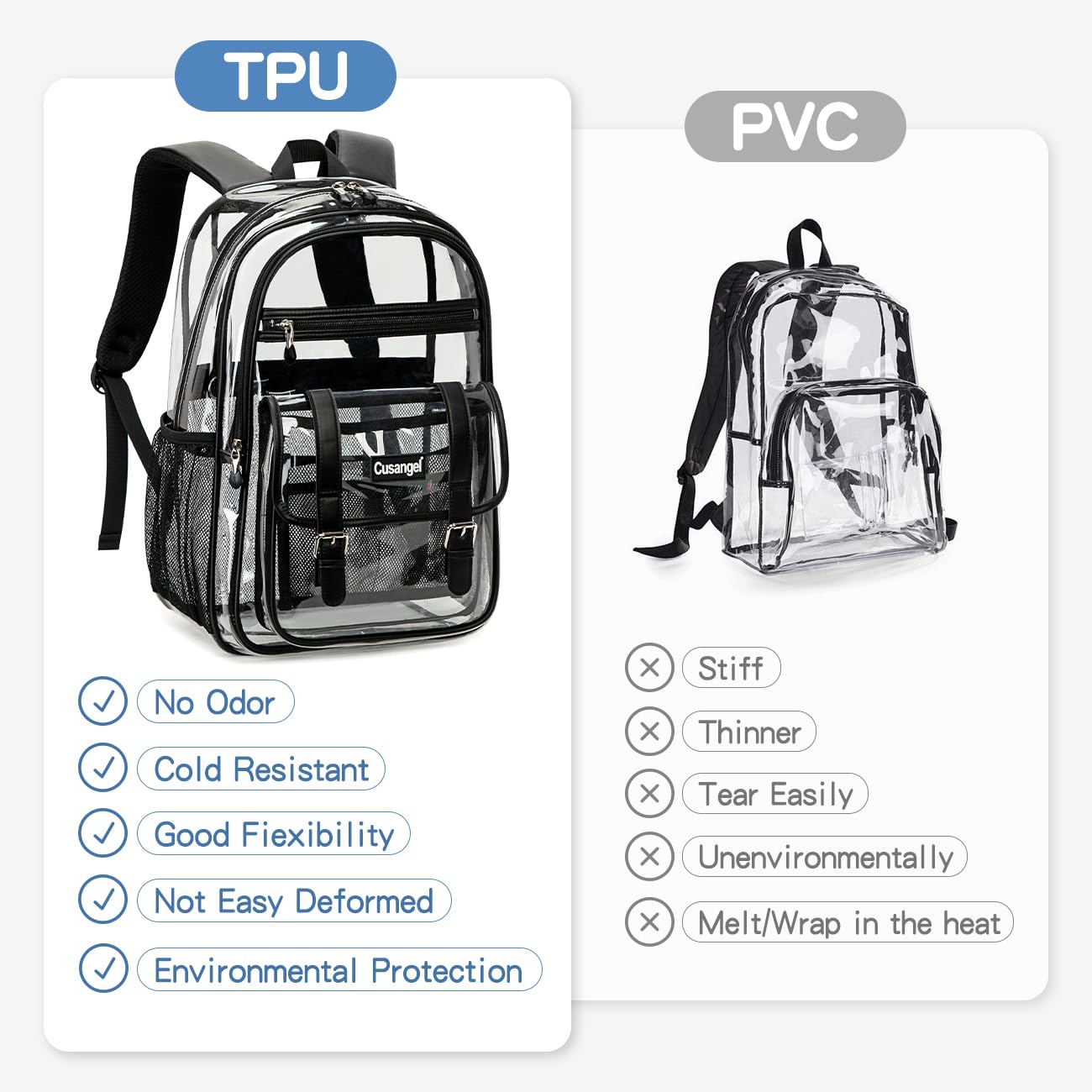 Cusangel TPU Clear backpack for Girls women,18" See Through Heavy Duty Bookbag,warehouses, school and other security check locations (Black)