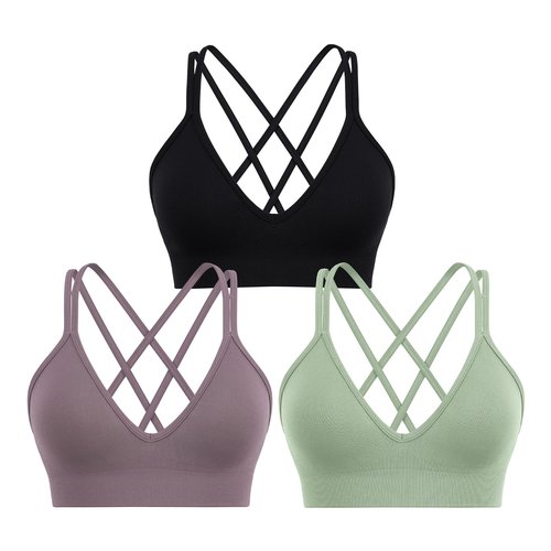 Sports Bra for Women V-Neck Strappy Criss Cross Yoga Bra Padded Medium Support Workout Gym Athletic Fitness Bras 3 Pack