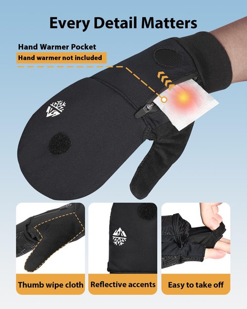 RIGWARL Winter Fingerless Gloves for Men Women, Convertible Mittens with Hand Warmer Pocket, Windproof Running Mittens for Texting Photographing(Black, XL)