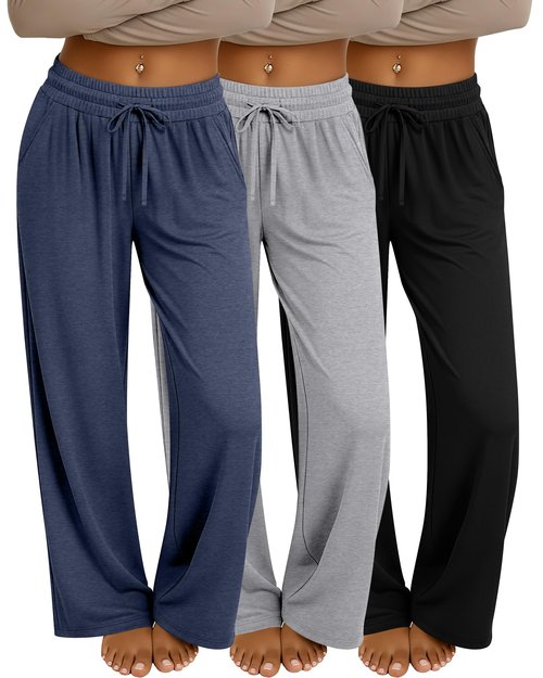 Neer 3 Pack Women's Baggy Sweatpants with Pockets, Wide Leg Yoga Pants Cozy Thick Lounge Pants Drawstring Casual Loose Jogger(Large,Black, Navy Blue, Light Heather Gray)