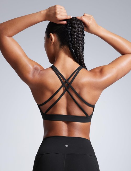 CRZ YOGA Butterbreeze Square Neck Sports Bras for Women - Strappy Thin Straps Workout Traning Padded Gym Halter Cami Top Black Medium