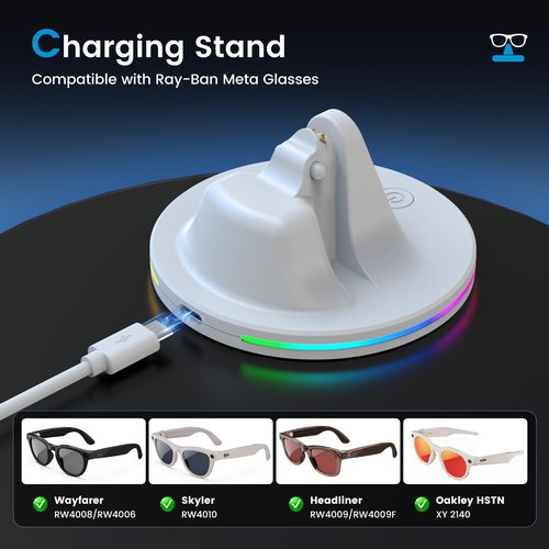 Charging Dock for Ray-Ban Meta Smart Glasses with RGB Light, Portable 3-in-1 Station & USB-C Cable for Wayfarer, Headliner, Skyler