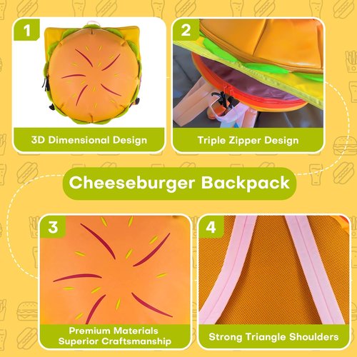 Qufoidium Cheeseburger Backpack, Hamburger Burger - Novelty Funny Yellow Casual Daypack, Cute Food-Shaped Gift for Burger Lovers, Quirky Present for Daily Use & Fun Outings