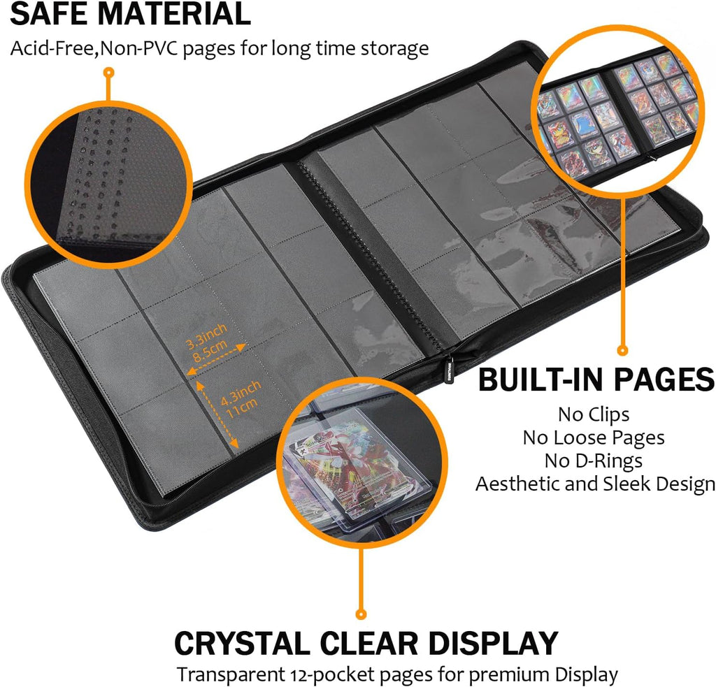 Toploader Binder - Premium Black Storage for 384 Toploaders | 12-Pocket Ringless Design with 24 Included
