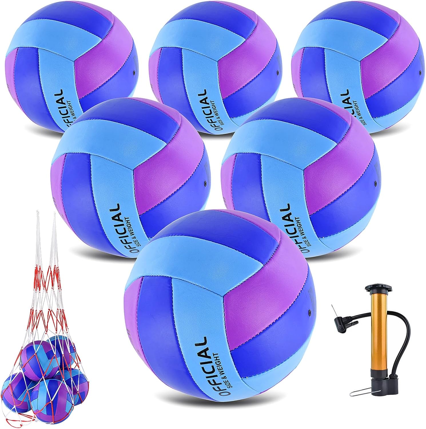 Skiennix Volleyballs - Official Size 5 Soft Recreational Balls with Pump & Net Bag | 6 Pack, Purple & Blue