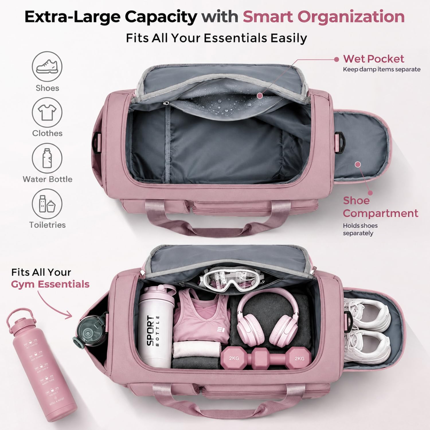 FIORETTO Women's Gym Duffle Bag with Shoes Compartment, 30L Capacity, Ideal for Travel, Gym, Sports, Duffel, Weekender, Pink