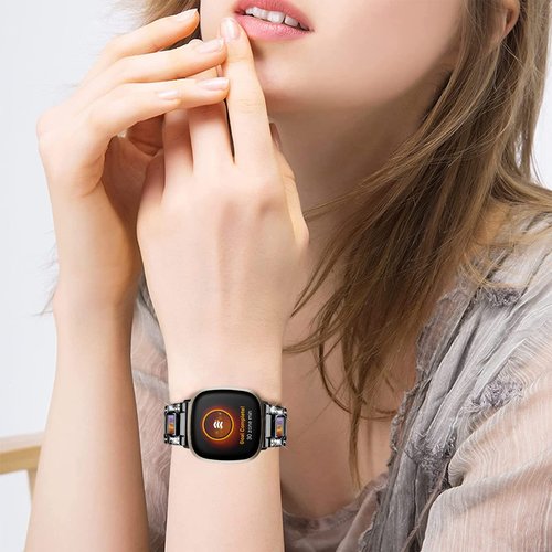 Feigand Bling Resin Bands Compatible with Fitbit Versa 4/Sense 2/Versa 3/Sense, Shinny Metal Bracelet Straps Luxurious Rhinestone Replacement Wristband for Women (Rose Gold)