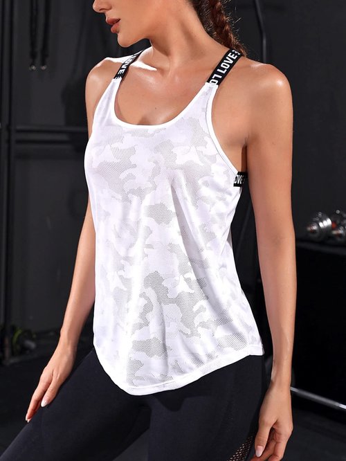 OYOANGLE Camo Print Cross Backless Workout Top for Women Tank Open Back Running Sports Yoga Shirt White M