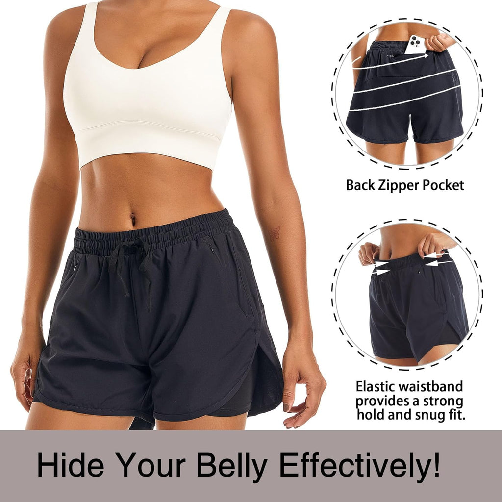 Skiennix Women's 2-in-1 High-Waisted Athletic Running Shorts - Comfy Liner & Zipper Pockets