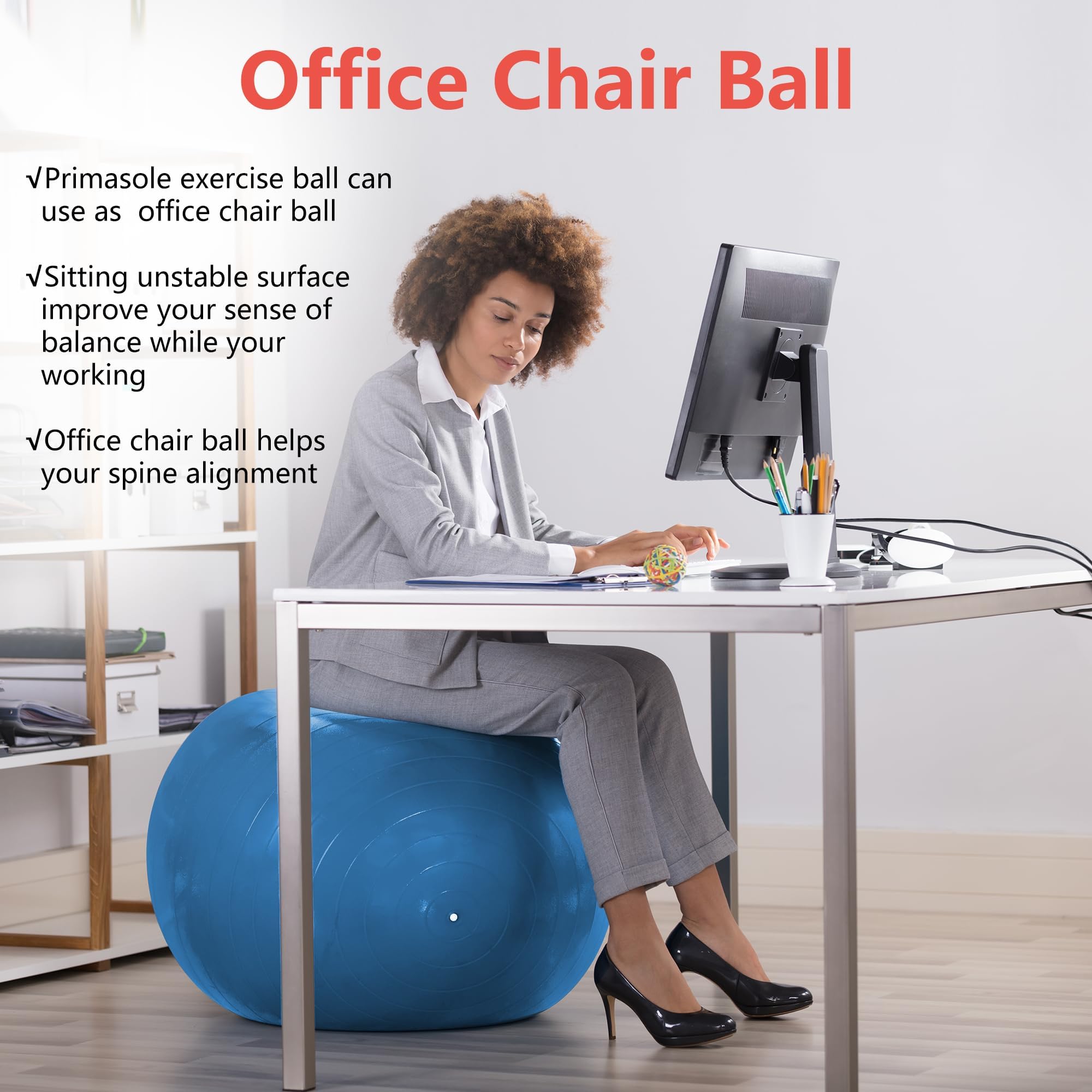 Primasole 65cm Anti-Burst Yoga Ball for Pilates, Core Strength, Pregnancy & Office Chair - Stability Ball for Home & Gym Workout (25.6 Inch, Blue)‌