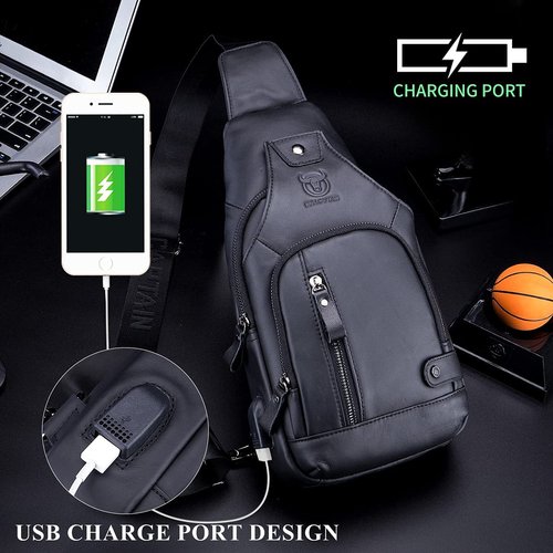 BULLCAPTAIN Men Crossbody Bag with USB Charging Port Genuine Leather Shoulder Sling Chest Bag Travel Hiking Backpack (Black)
