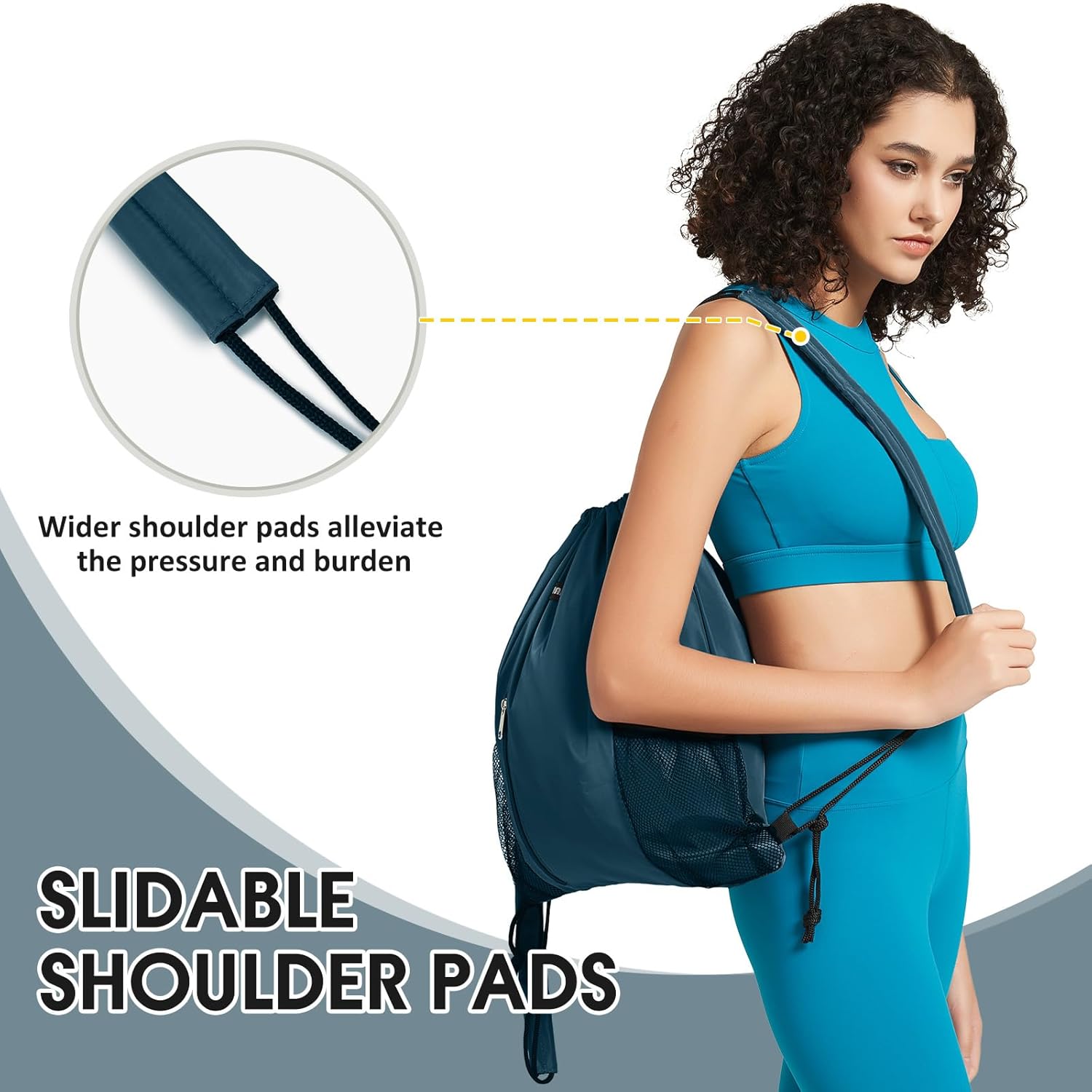 WANDF Drawstring Backpack - Comfortable Sports Gym Bag with Mesh Pocket | Blue-Green Color