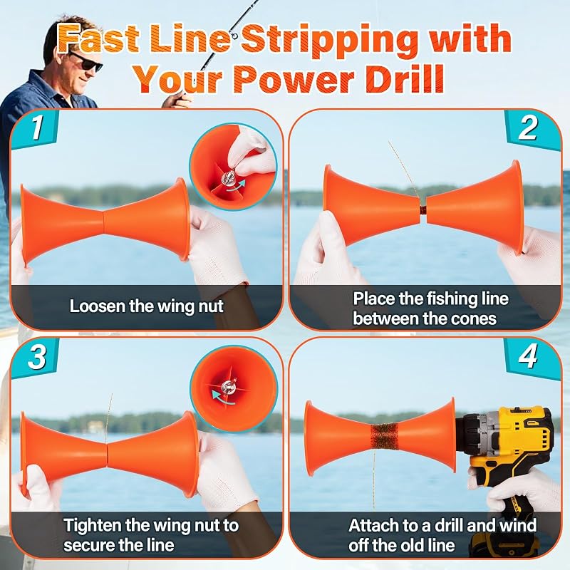 Power Drill Fishing Line Stripper & Spooler Tool, Aluminum & Stainless Steel, Orange - Tangle-Free Line Management