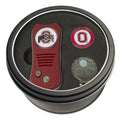 Team Golf NCAA Ohio State Buckeyes Tin Ball Marker Gift Set with Retractable Divot Tool, Cap Clip and 2 Double-Sided Enamel Ball Markers, Patented Design, Less Damage to Greens