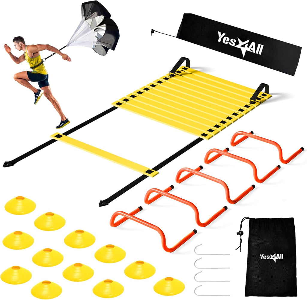 Yes4All Agility Ladder Set - Speed Training Equipment with Adjustable Ladder, Cones, Hurdles & Parachute