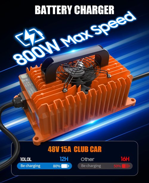 10L0L Golf Cart Battery Charger 15A 48V for Club Car DS/Precedent 3-Pin Round Plug, IP68, Smart Technology Golf Cart Battery Charger, Trickle Charge (Orange)