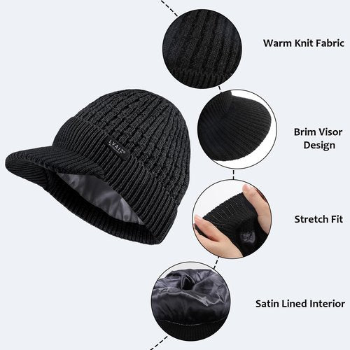 Lvaiz Womens Satin Lined Winter Beanie Hat with Brim Visor Warm Knit Cuffed Skull Baseball Cap Silk Lining Hat for Men Black