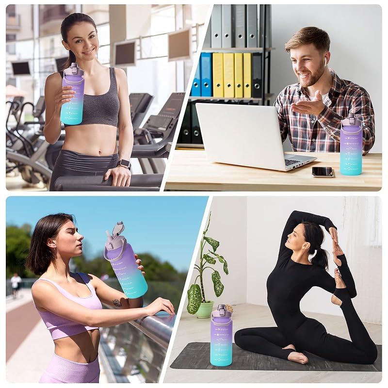 64 oz Time Marker Water Bottle with Straw, Half Gallon Gym Bottle - Purple Cyan (Variation: Purple Cyan)