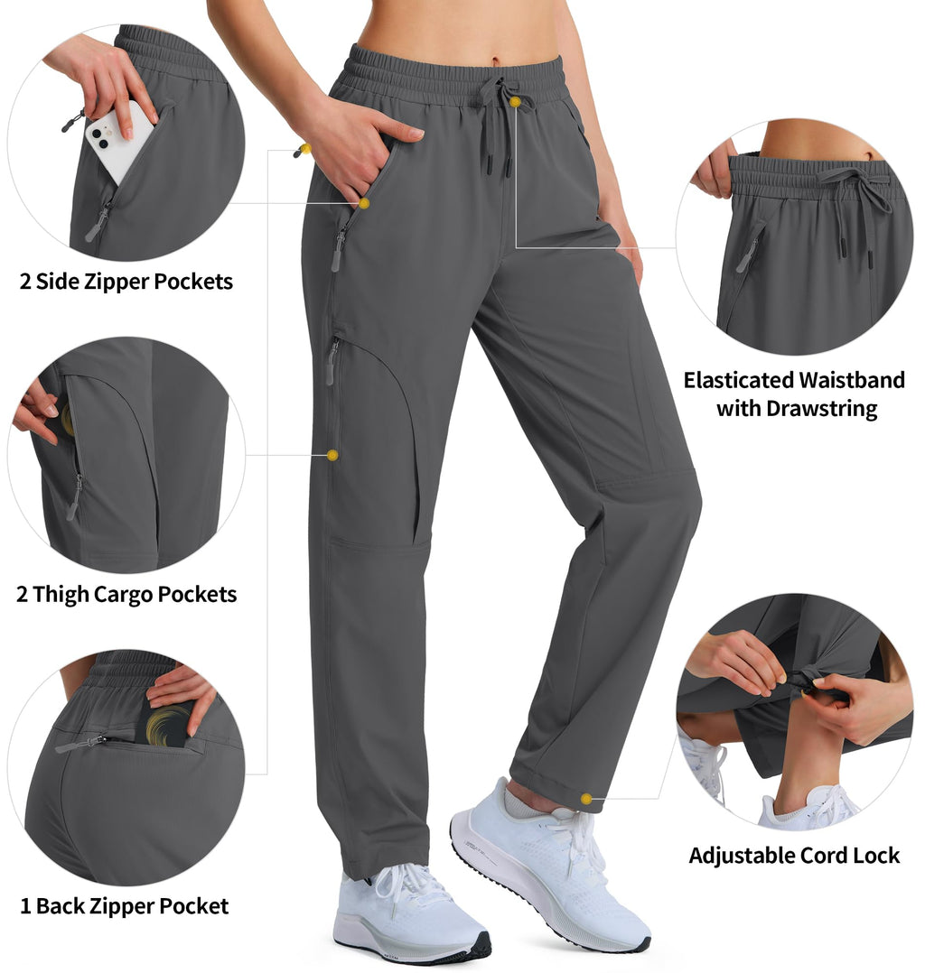 Hugut Women's Hiking Pants Quick Dry Lightweight Cargo Pants UPF 50 Water Resistant Zipper Pockets for Golf Travel Work Camping Dark Grey