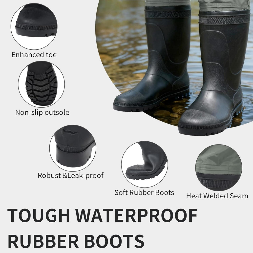 Skiennix Waterproof Fishing Waders - Durable 2-Ply Nylon/PVC Chest Waders with Boots | Sizes 4-13