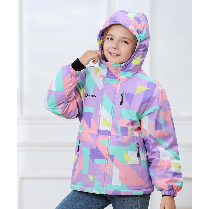 Girls' Waterproof Winter Ski Jacket – Fleece Lined Hooded Snow Coat, Cube Purple+13-14