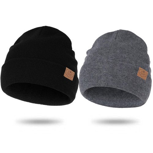 KIEPTOMIK 2pcs Merino Wool Warm Beanie Hats Winter Cuffed Ribbed Knit Beanie Hat for Men Women Toboggan Cap (Merino Wool, Black+Grey)