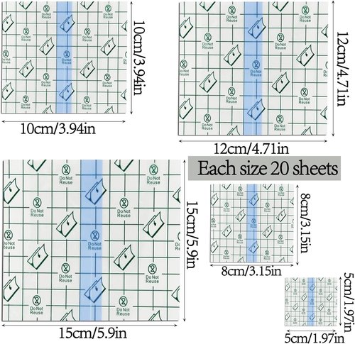 100Pcs Transparent Stretch Adhesive Bandage, BetterJonny 5 Sizes Waterproof Clear Adhesive Bandages Disposable Tattoo Bandage Stretch Bandage Tape for Swimming and Shower