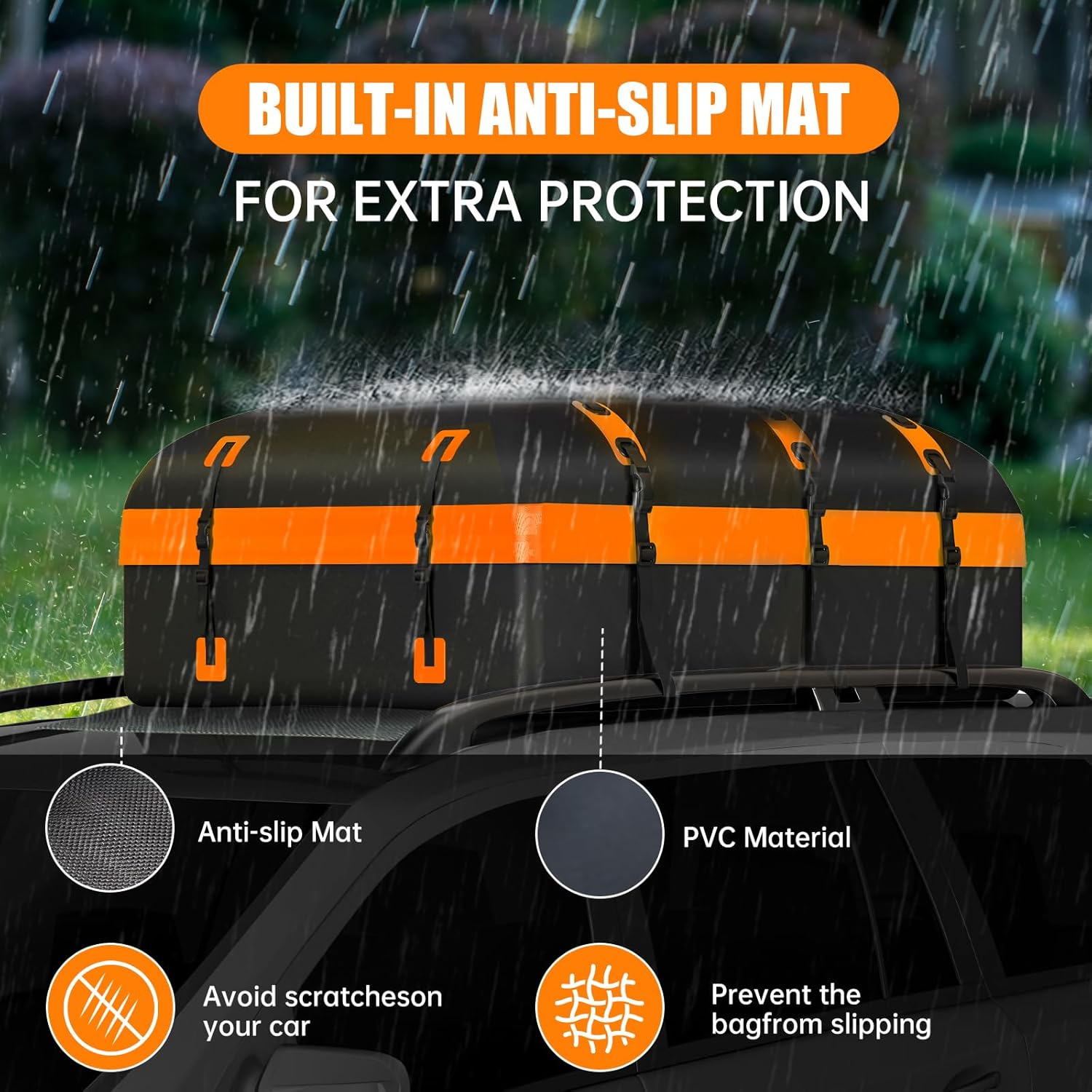 Skiennix Rooftop Cargo Carrier Bag - 30 Cubic Feet Waterproof Soft-Shell Design | Includes Anti-Slip Mat & Straps (Orange)