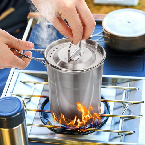 Nagpew 2 Pieces Stainless Steel Camping Cups, Stackable Camping Mugs with Storage Bag, Foldable Handles, Vented Lid, Metal Backpacking Cookware Bush Pot for Coffee, Tea, Hiking