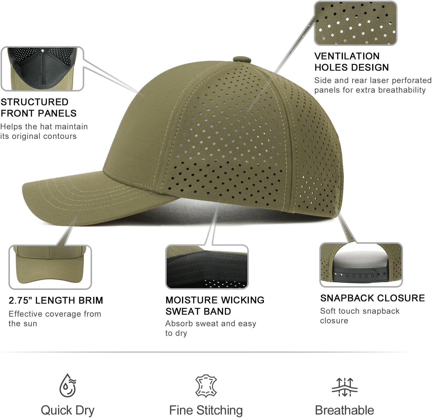 VOBOOM Men's Quick-Dry Baseball Cap - Laser Cut Mesh Design | Curved Brim Snapback Hat