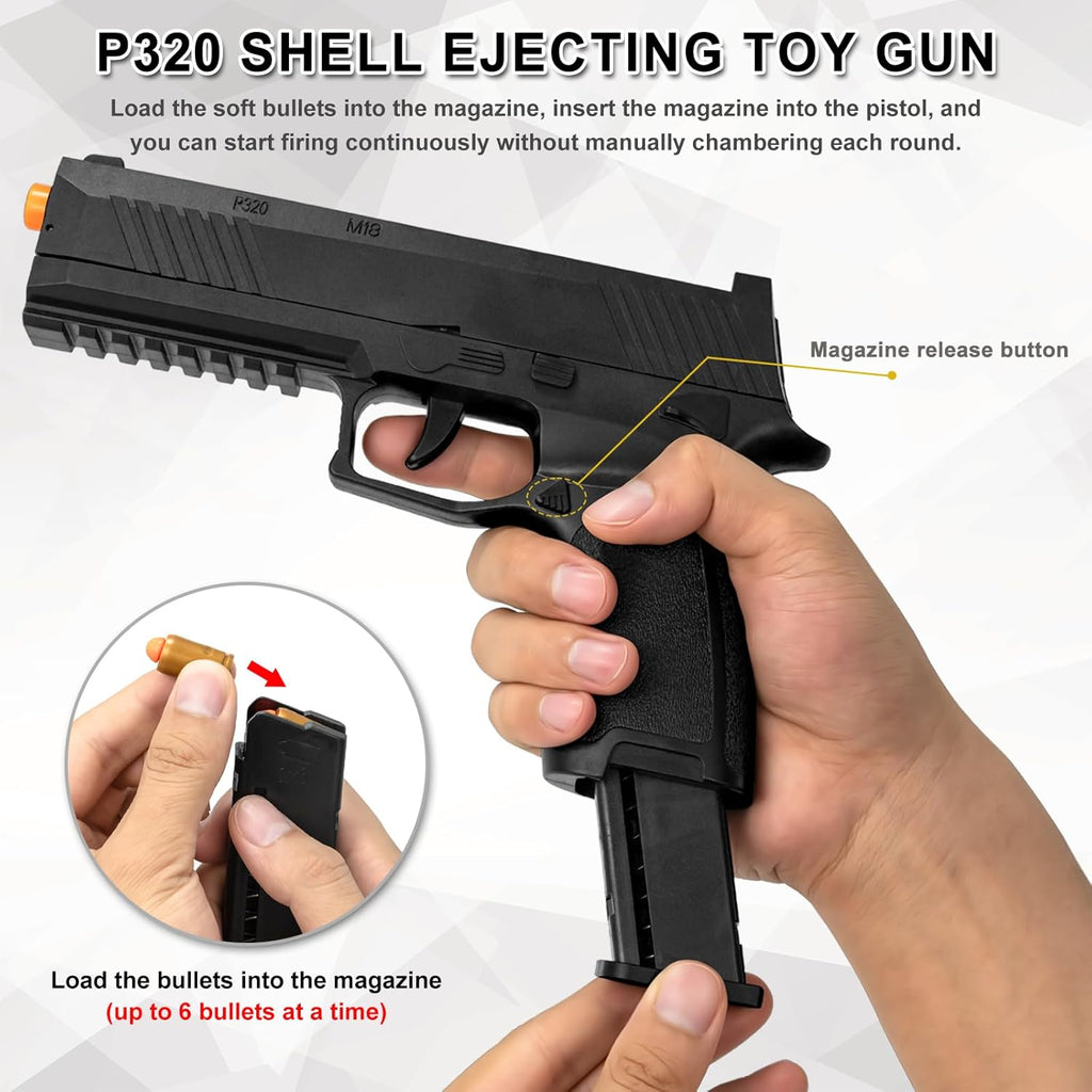 Skiennix Foam Blaster Toy Gun - Shell Ejecting Pistol with 2 Magazines & 40 Soft Bullets | Black, Perfect Birthday Gift for Kids 8+