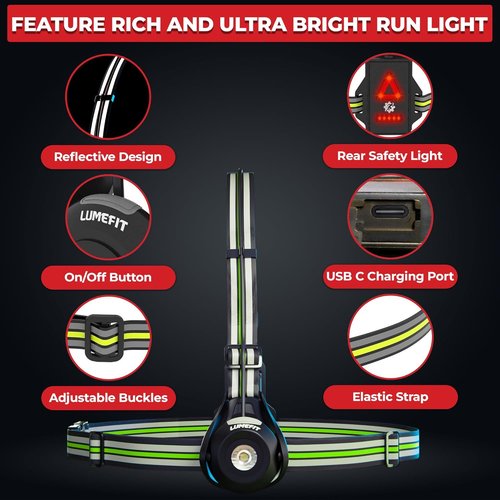 LUMEFIT LED Running Lights - Adjustable Night Safety Chest Light with Yellow Reflective Vest | Rechargeable for Jogging & Dog Walking