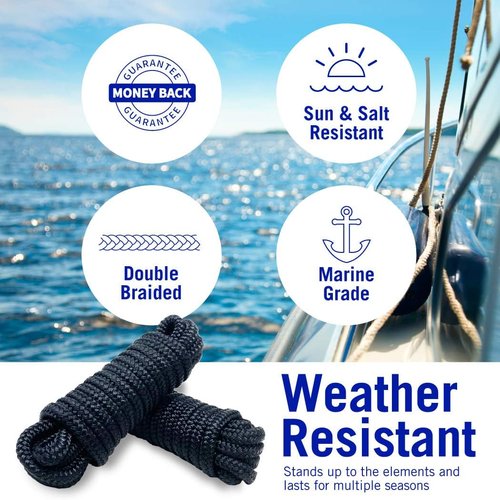 Better Boat Dock Lines - 3/8" x 15ft Double Braided Nylon Rope, Marine Grade Mooring Line, Black