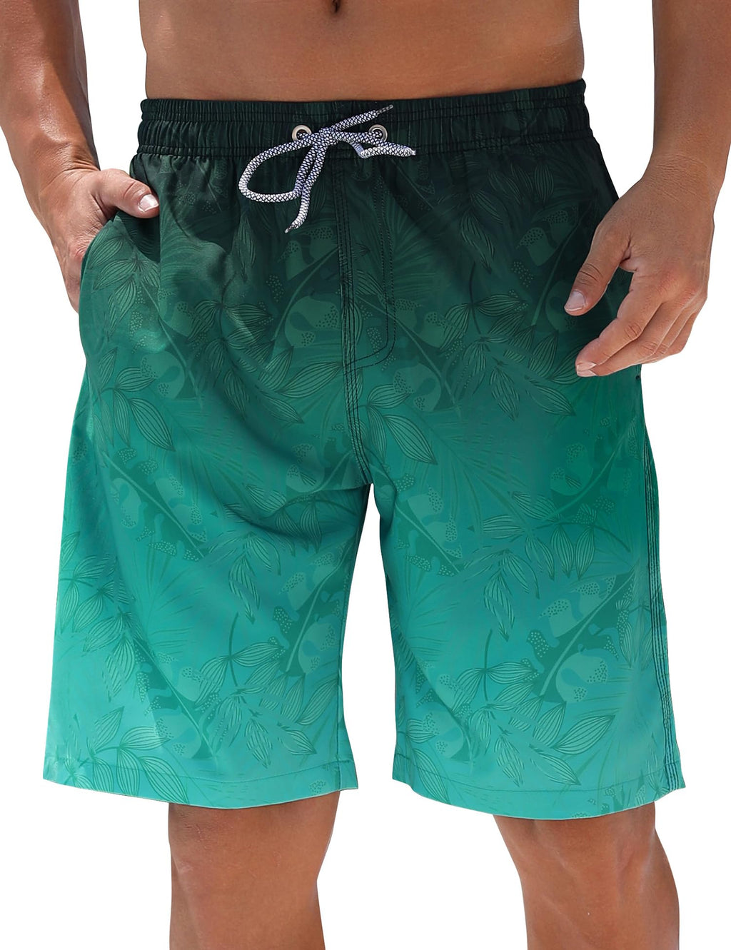 ELETOP Men's Swim Trunks Quick Dry Bathing Suit Swimming Board Shorts Mesh Lining Beach Swimwear Leaf Gradient Green XL